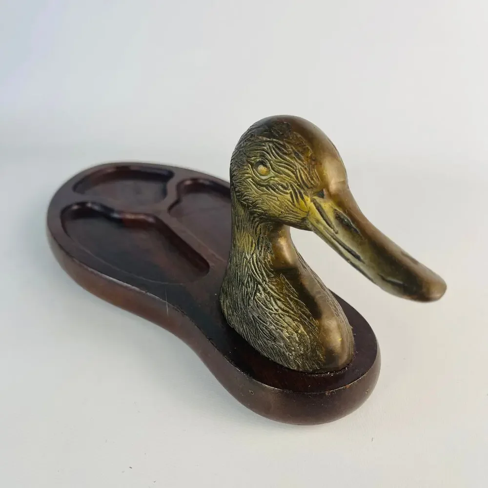 Vintage Brass Duck Head W/ Wood Dresser Valet Vanity Coin Tray